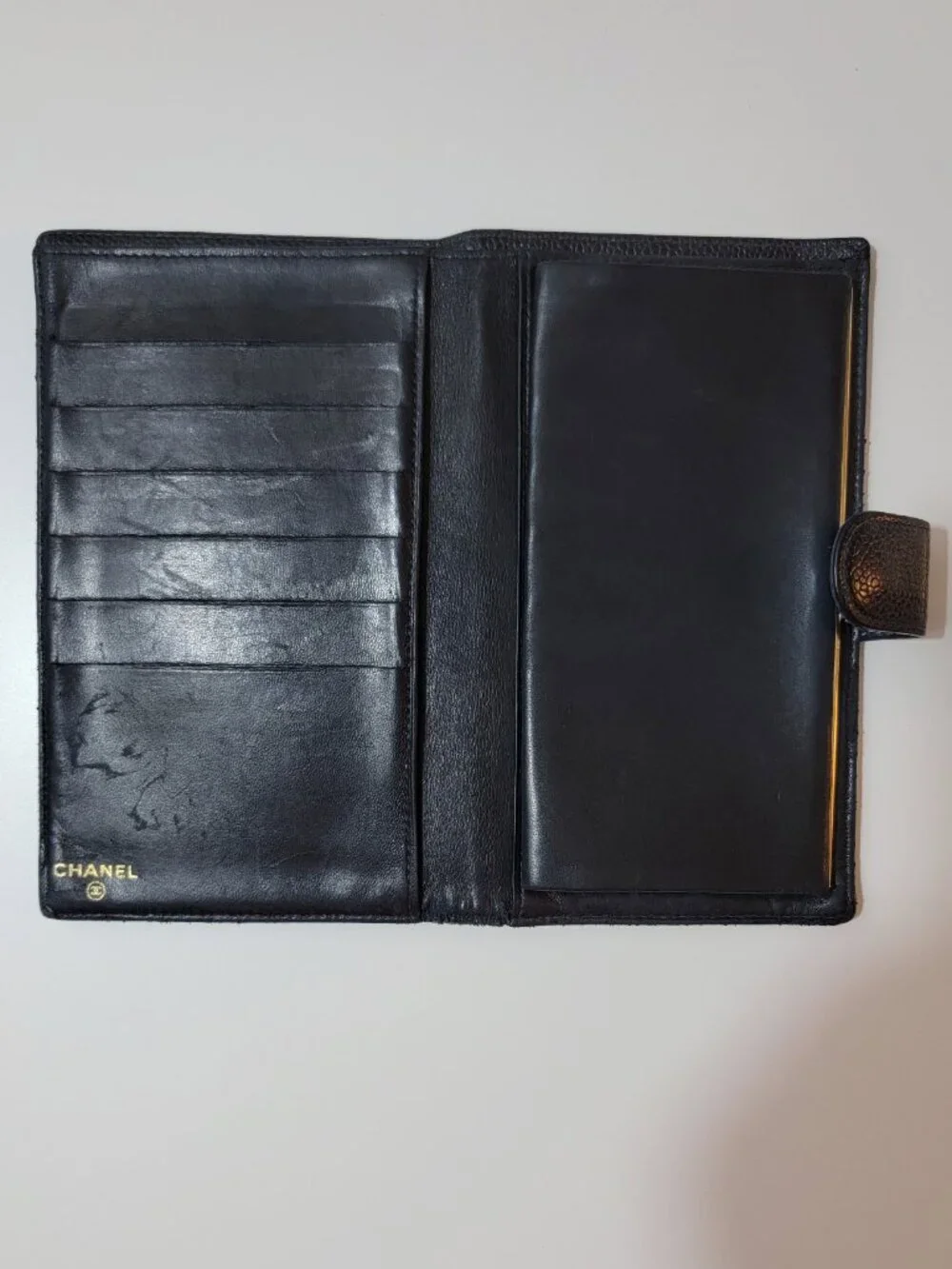 CHANEL Caviar Leather Long Wallet Kisslock Vintage Black CC Logo Made in France